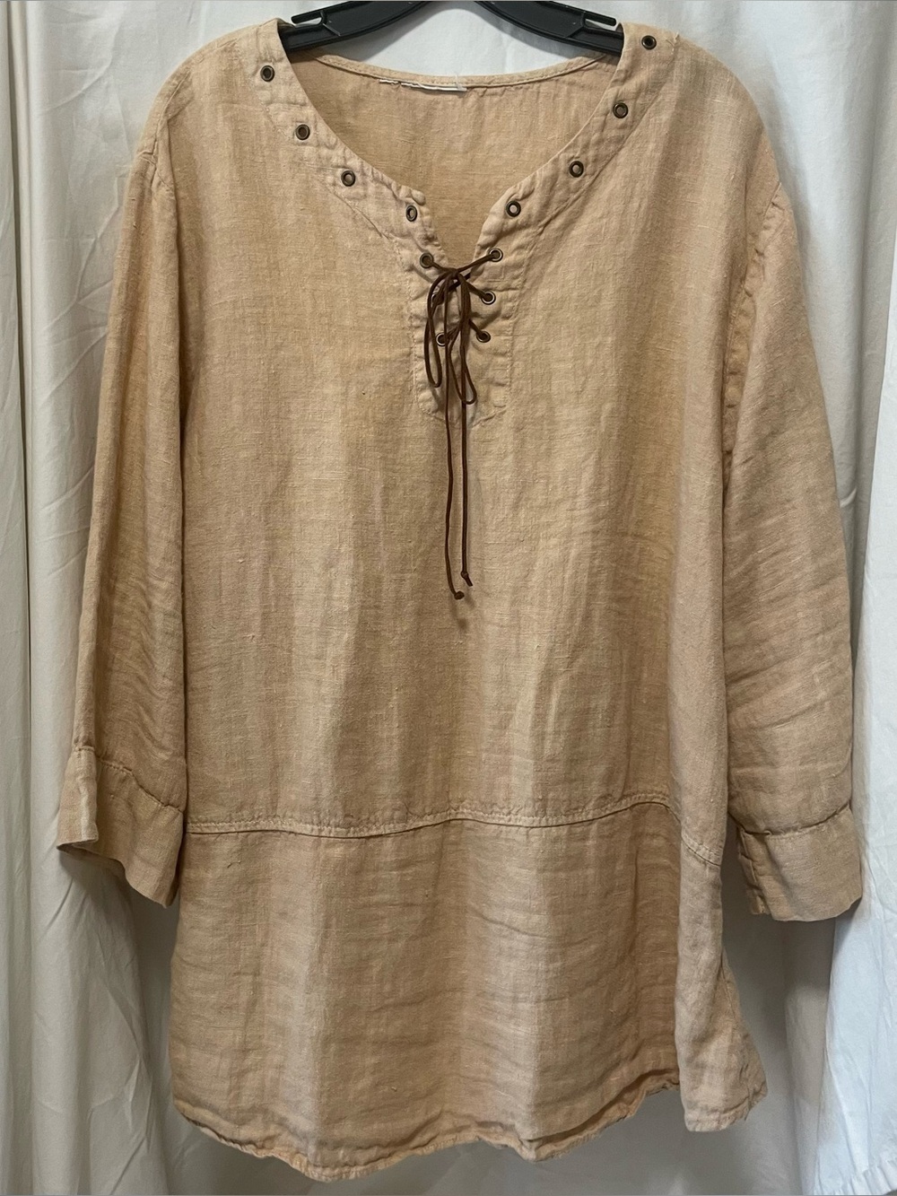 Women's Linen Lace-Up Tunic Top in Light Tan